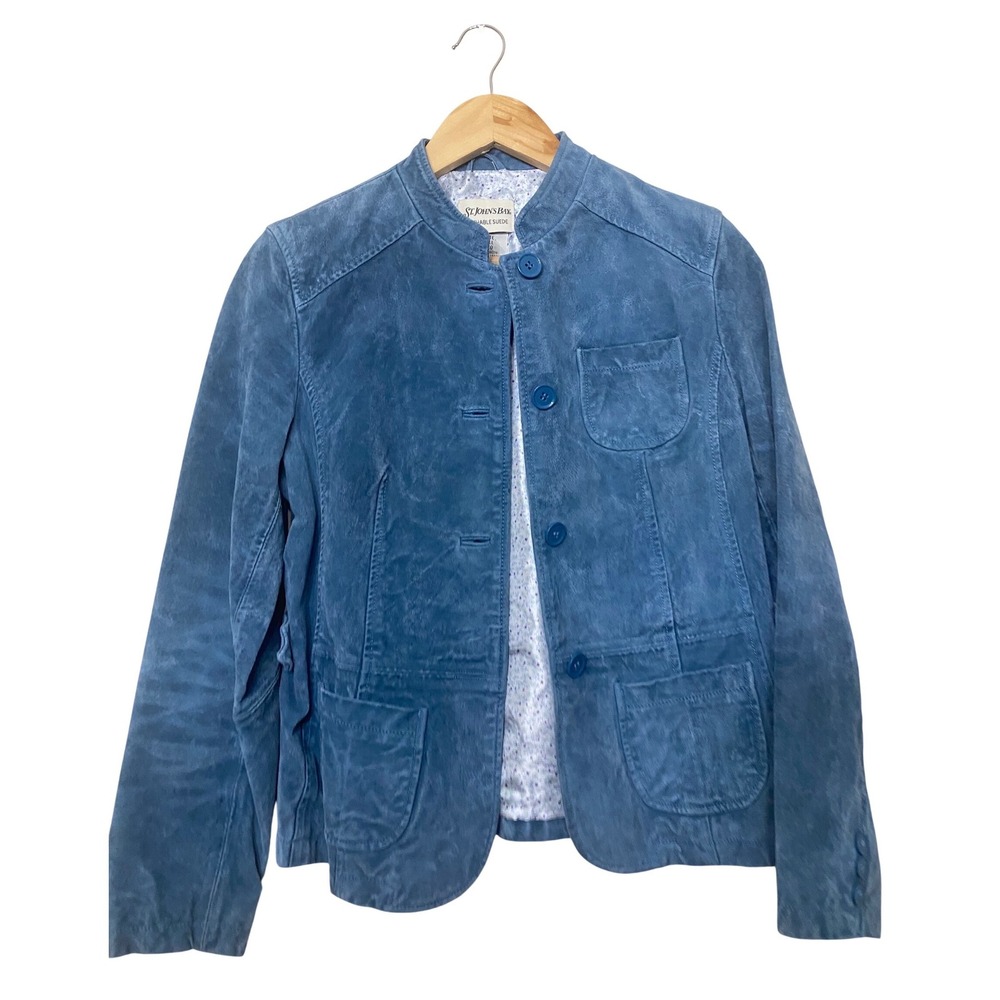 St Johns Bay Blue Washable Suede Leather Jacket Petite Small Mock Neck Button Up